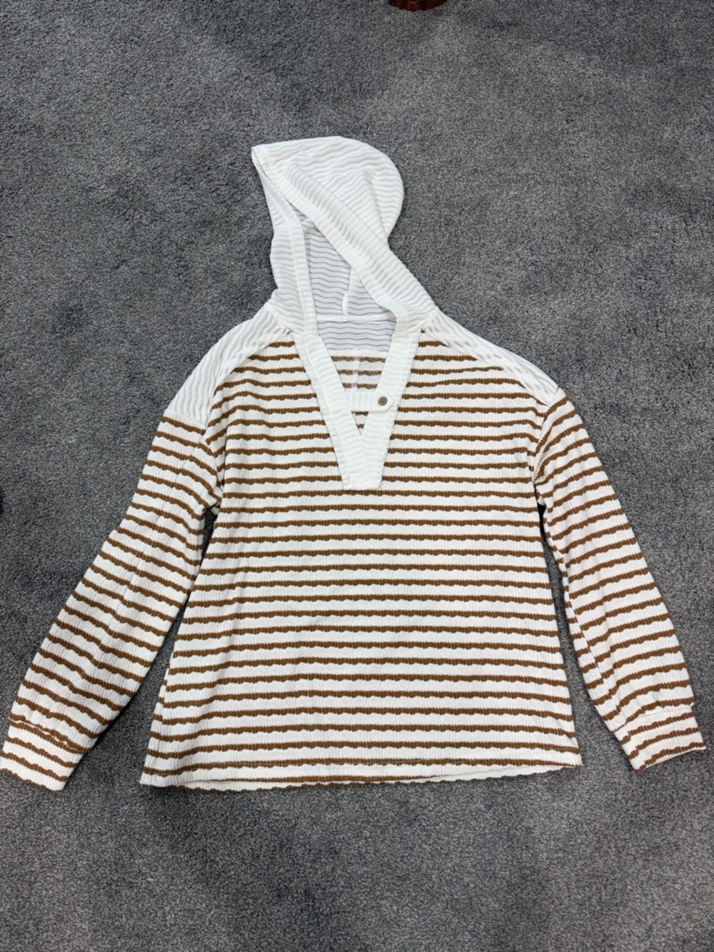 Striped Hooded Pullover Sweater - White & Brown